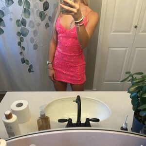 hot pink mini homecoming dress.